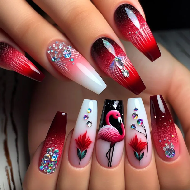 

24Pcs Long Square Press on Nails - Hot Red Swan with Red Floral Stacked Rhinestones & Red Gradient | Bold Glam Style