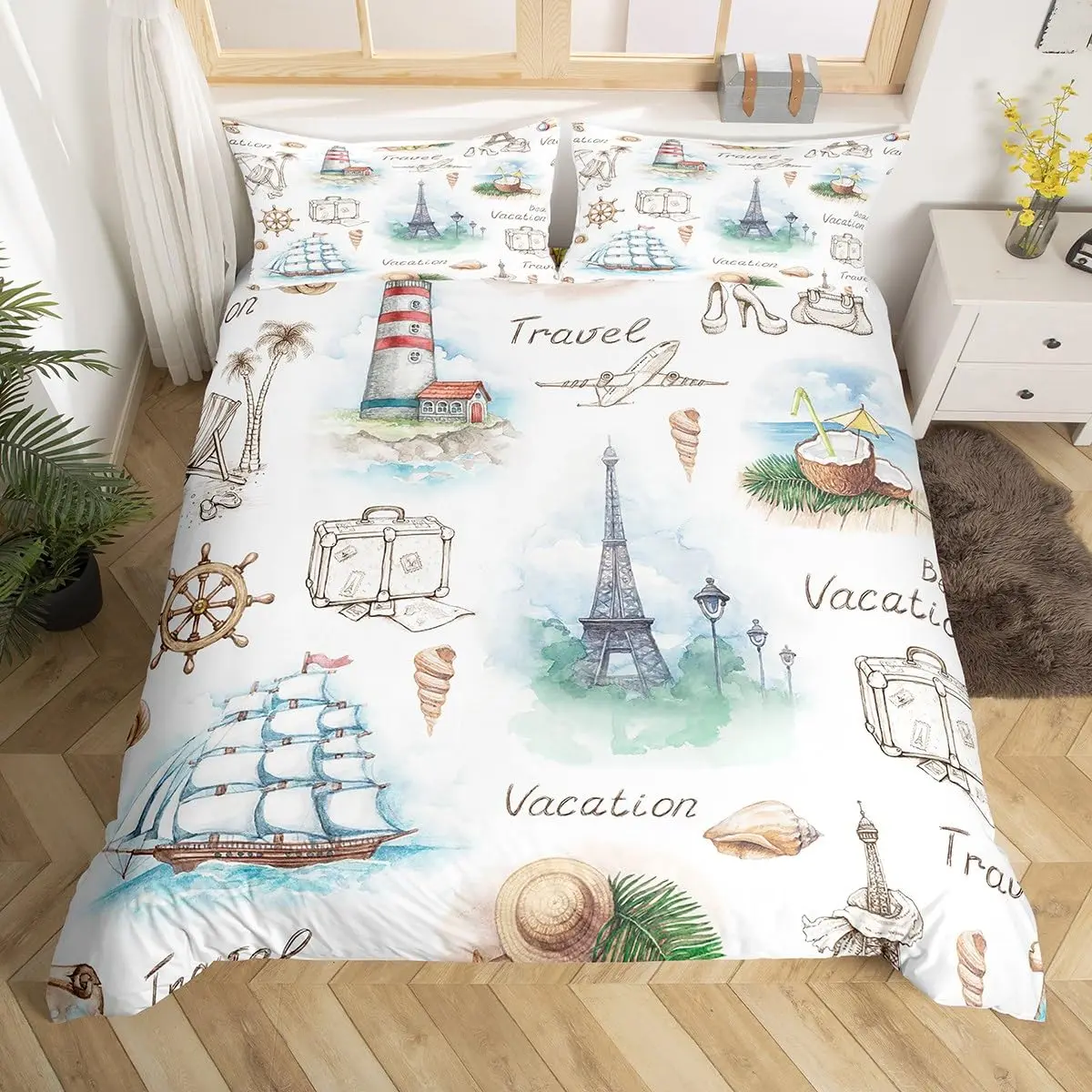 Watercolor Lighthouse Sailboat Duvet Cover Eiffel Tower Bedding Set Nautical Adventure Comforter Cover Polyester Quilt Cover