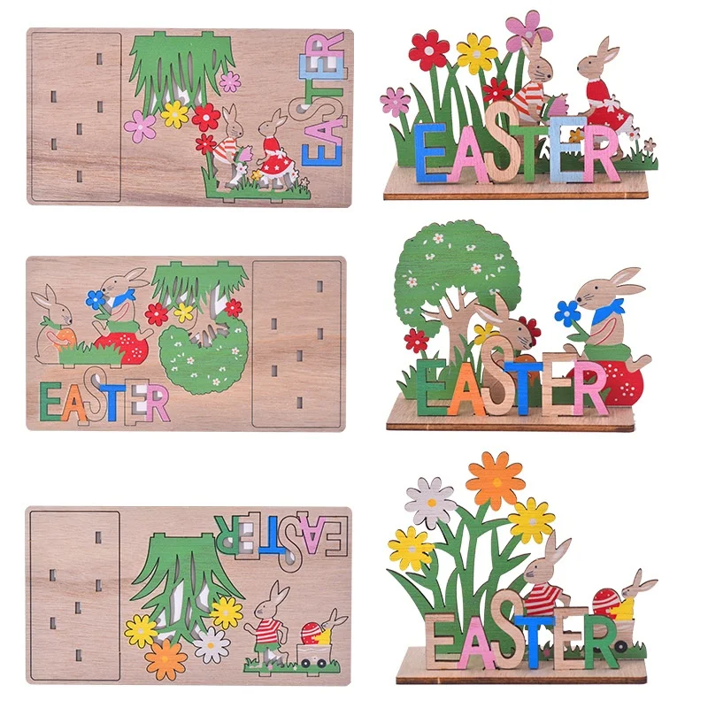 

Wooden Easter Letter Stand up Plaque Flower Rabbit Decorative Ornament Diy Puzzle Rabbit Holiday Decoration Spring Bunny Easter