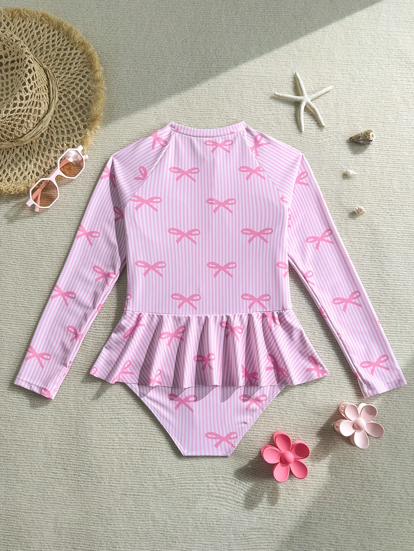 Girls' Pink Striped Swimsuit, Long-Sleeved Pink Bowknot One-Piece Swimsuit with Skirt, Suitable for 4-8 Year Old Children, Beach and Seaside Casual Vacation Clothing