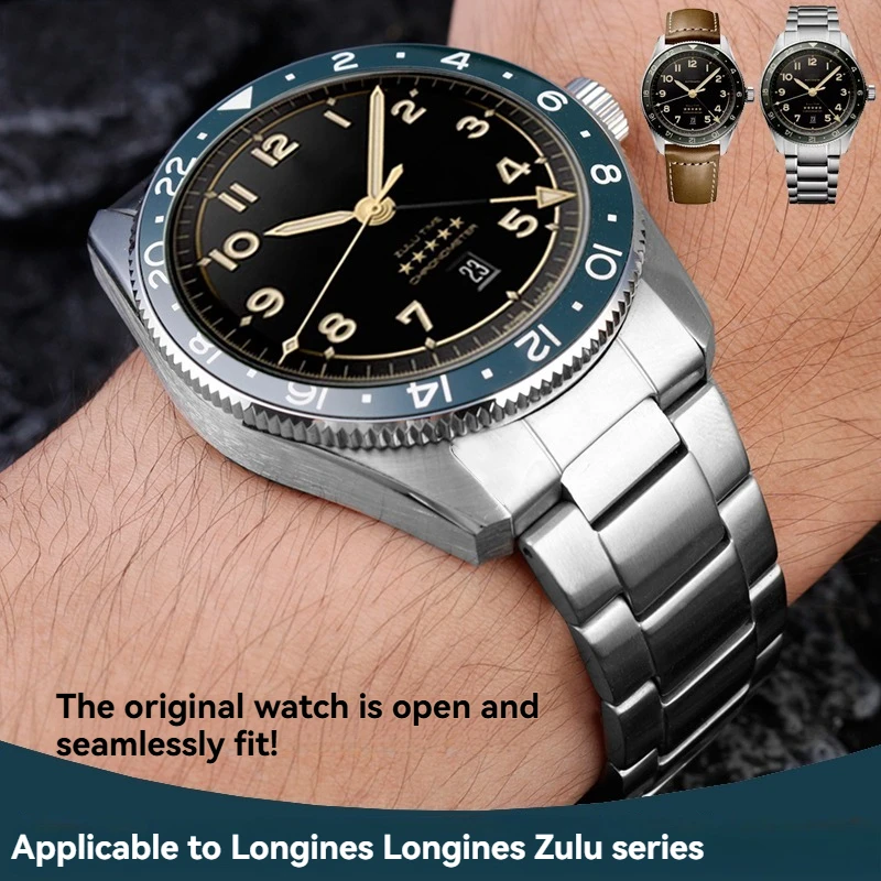 For Longines Pioneer Zulu series stainless steel strap L3.812.4 special curved interface male 22mm steel strap