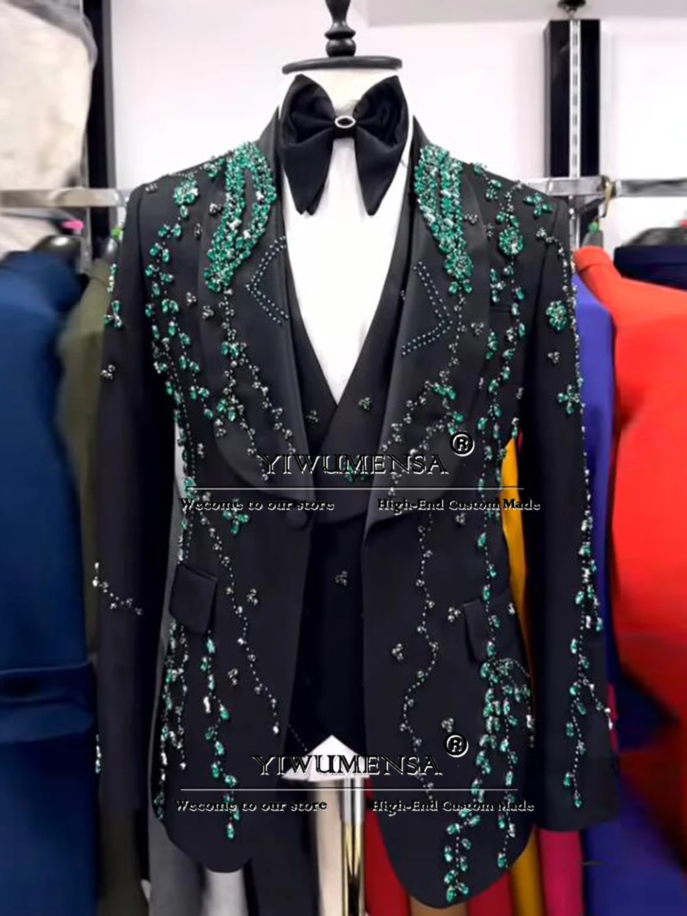 럭셔리 다이아몬드 비즈 수트 남성 3피스 세트 숄 라펠 신랑 블레이저 맞춤 웨딩 턱시도 남성 연회 파티 의류