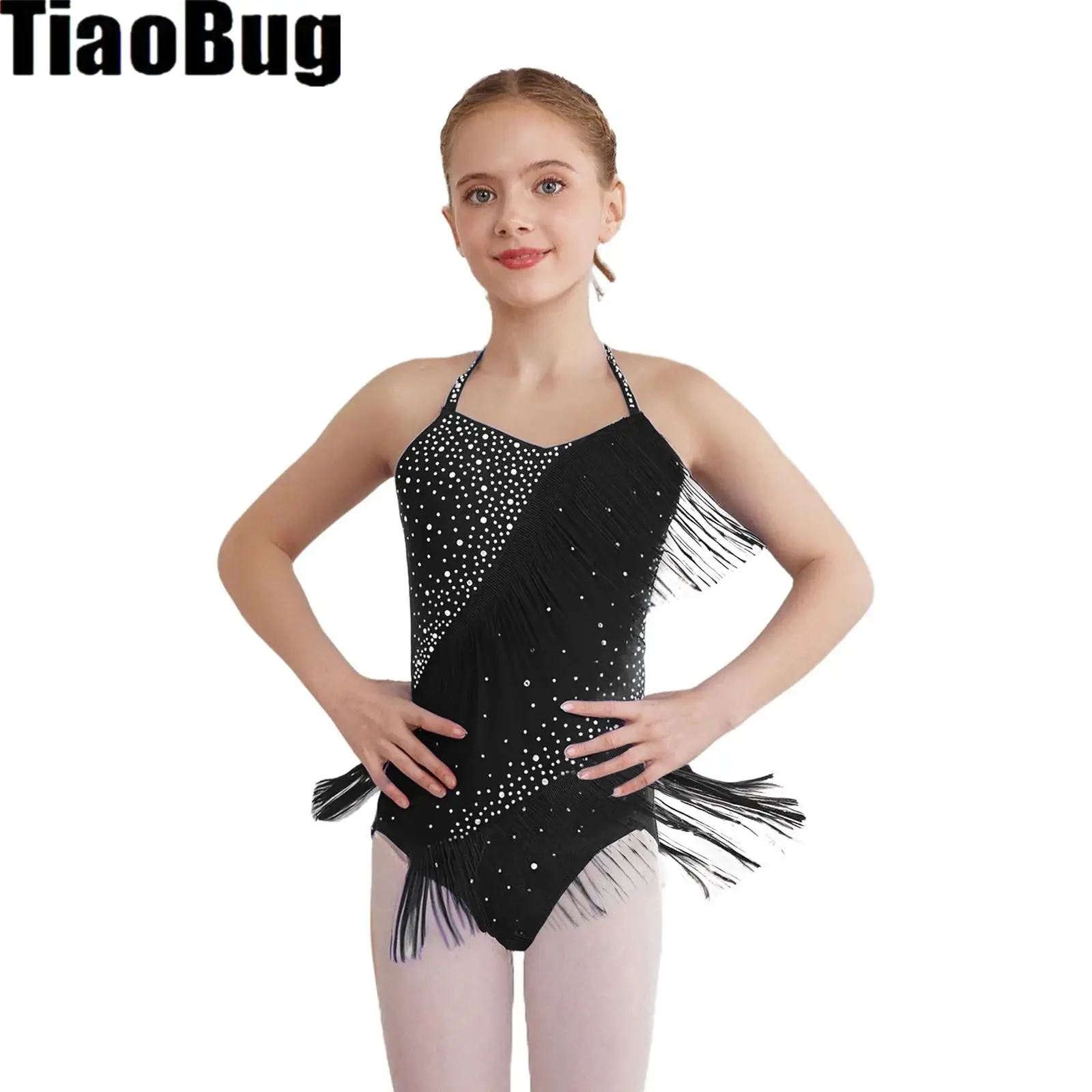 

Girls Tassel Latin Dance Leotard Sleeveless Halter Backless Rhinestones Figure Skating Cha-Cha Salsa Performance Competitions
