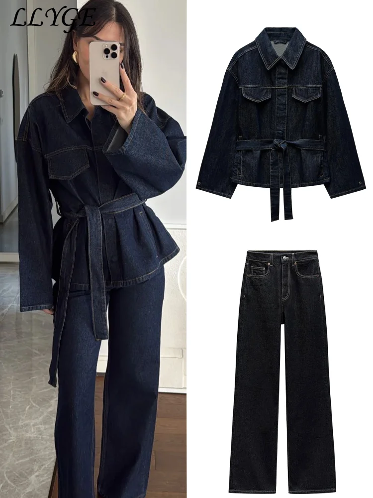 Vintage gesplitste denim jas broek set vrouwen riem enkele rij knopen jassen zakken rechte jeans 2025, lente dame straat outfit