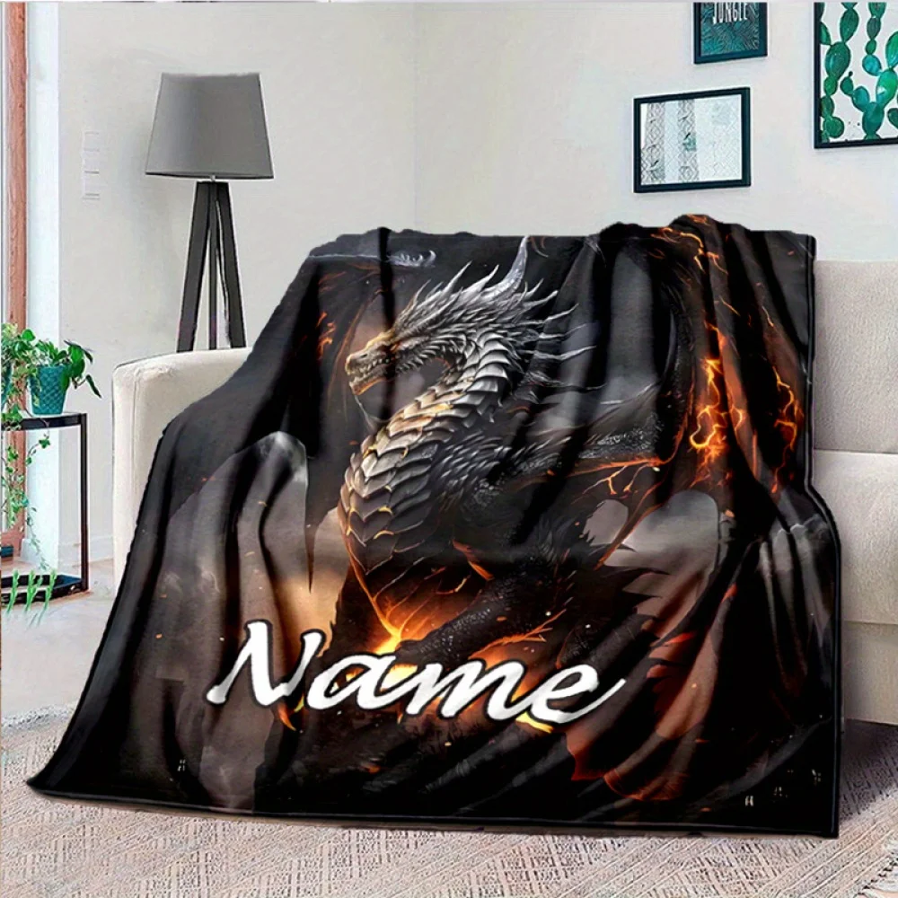 1Pc Custom Name Fantasy Dragon Blanket, Soft Warm Flannel Throw for Bed, Sofa, Office, Perfect Gift for Christmas, Birthdays