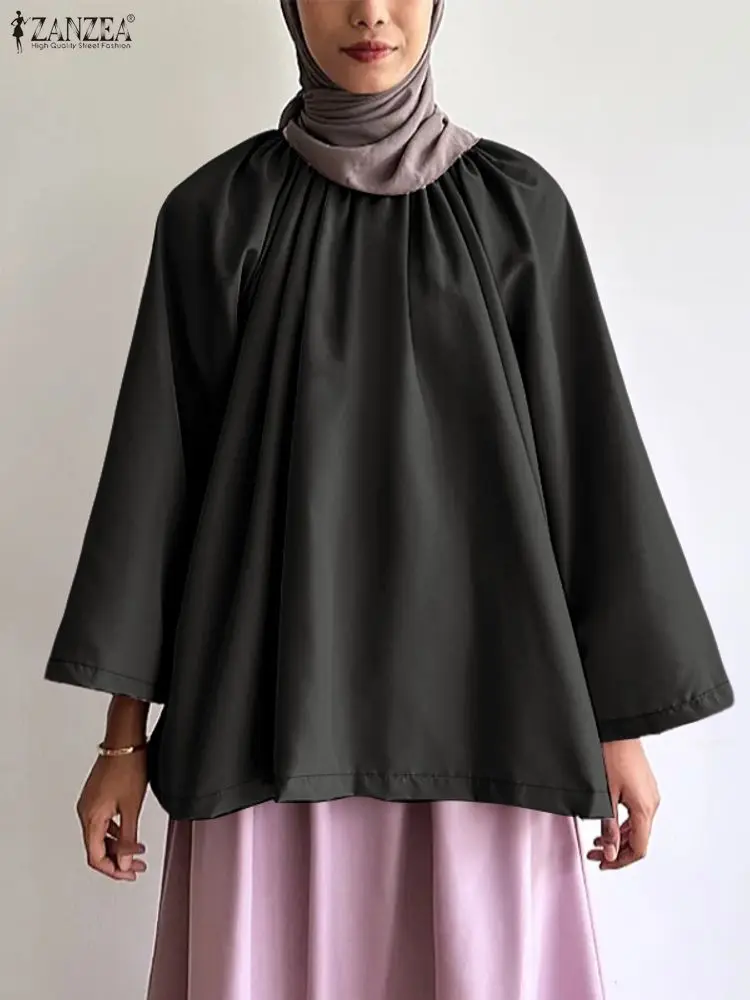 

2025 Autumn Women Tops ZANZEA Muslim Blouses Solid Loose Shirt Casual O Neck Long Sleeve Blouse Hijab Blusas Kaftan Mujer Femme