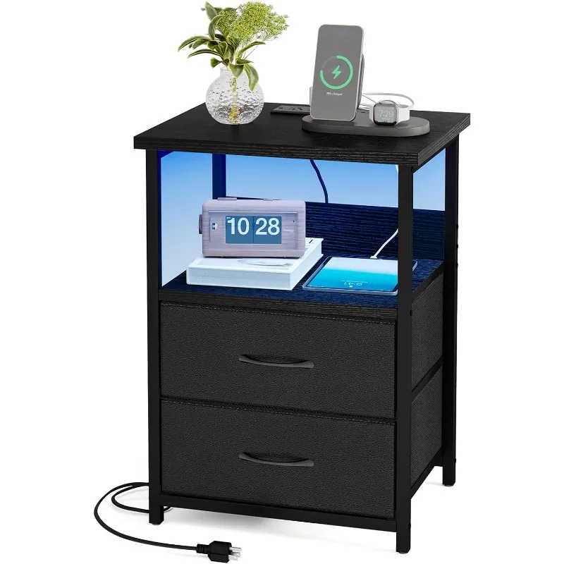 Night Stand with Charging Station, LED Nightstand with U-S-B Ports and Outlets, 2 Fabric Storage Drawers with PU Finish