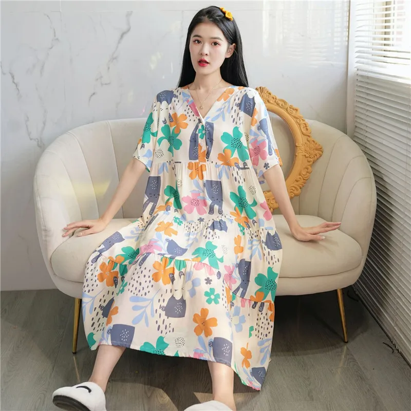 New Cotton Rayon Sleeping Dress Spring Summer Thin Outwear V-Neck Loose Large Size Long Dresses Home Wear Nightgowns Women