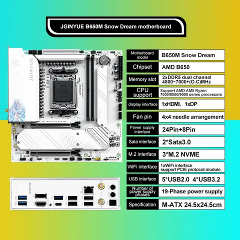 JGINYUE B650M Snow Dream AM5 DDR5 ARGB M-ATX 마더보드 게임용 PCIe 4.0×4 M.2 CPU 9700X/9900X/7800X3D 게임용 pc DIY