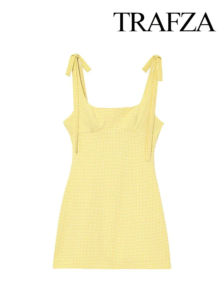 

TRAFZA Women's Summer Fashion Dress Yellow Plaid Square Collar Sleeveless Backless Bow Decoration Zipper Female Sexy Mini Dress