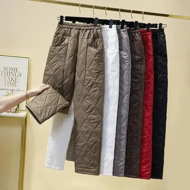 Large Size Lightweight Down Cotton Pants Women's Straight Diamond  Harem Pants Warm Straight High Waist Quilted Pants 2024