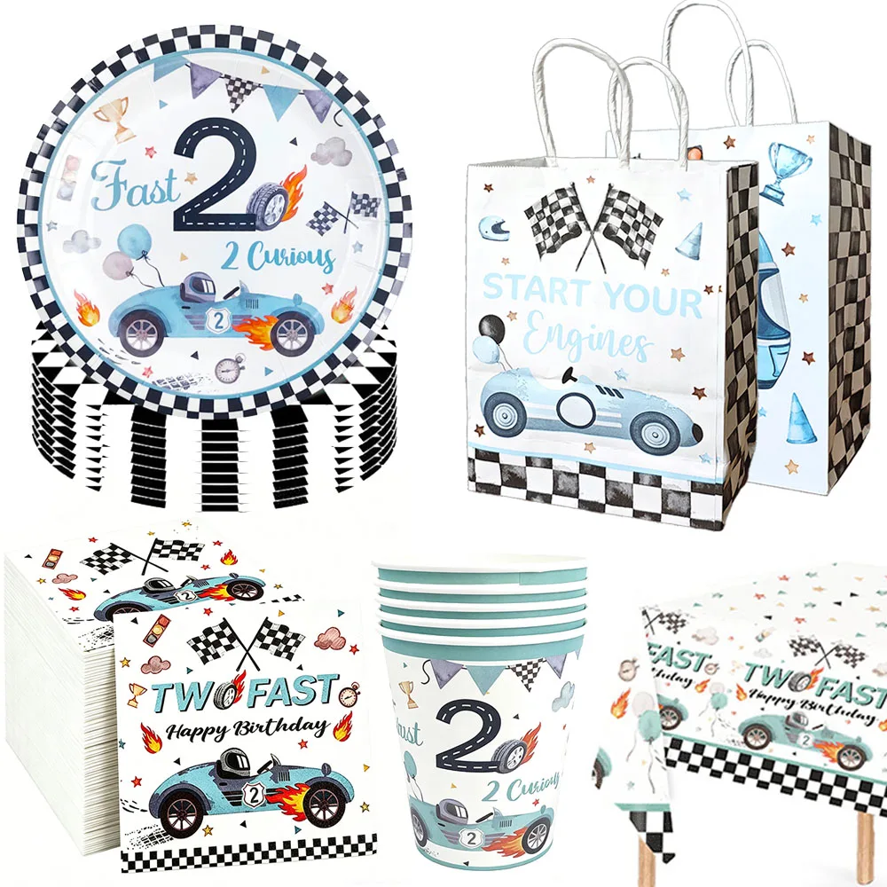 Blaues Rennwagen-Party-Set Einweggeschirr Teller Becher Servietten Tischdecke Geschenktüten Kindergeburtstag Baby-Shower-Dekoration