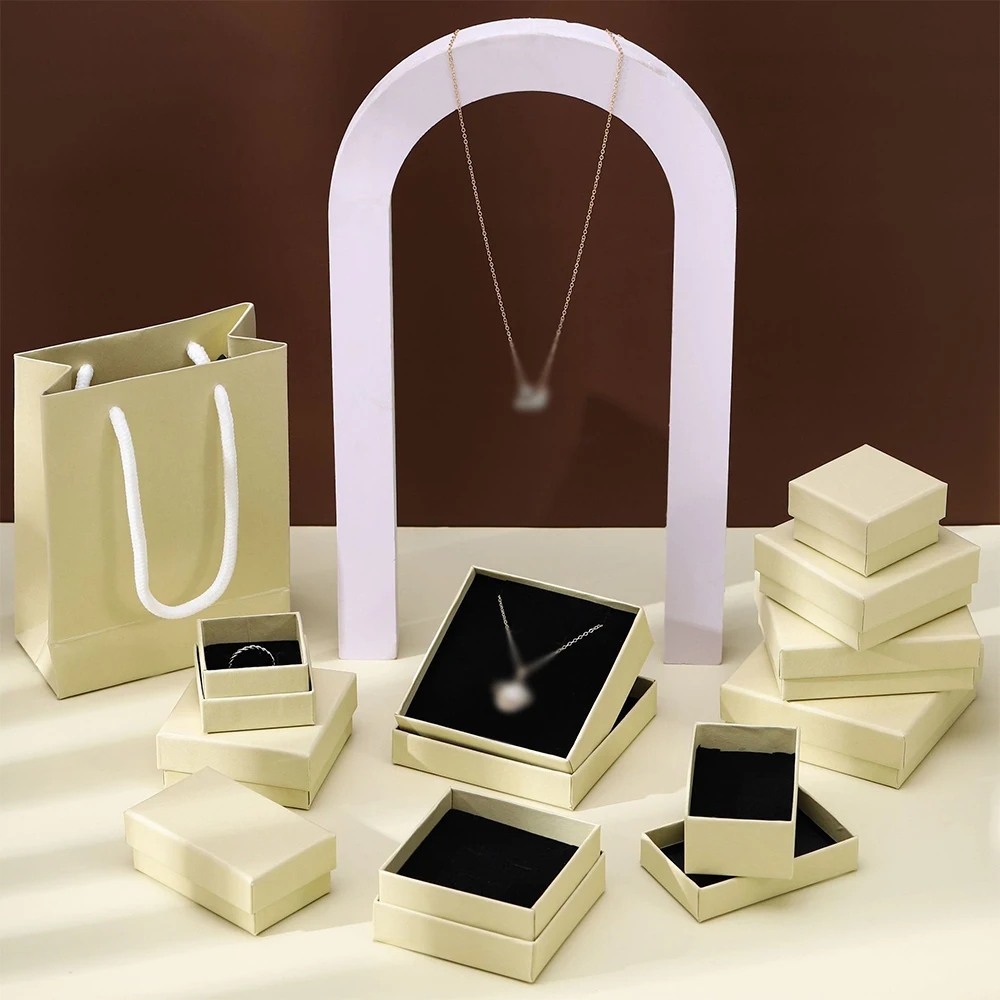 Beige Jewelry Packaging Box 7x9x3cm Cardboard DIY Box Best Gift For Women Ring Earring Necklace Wedding Packaging Organizer Case