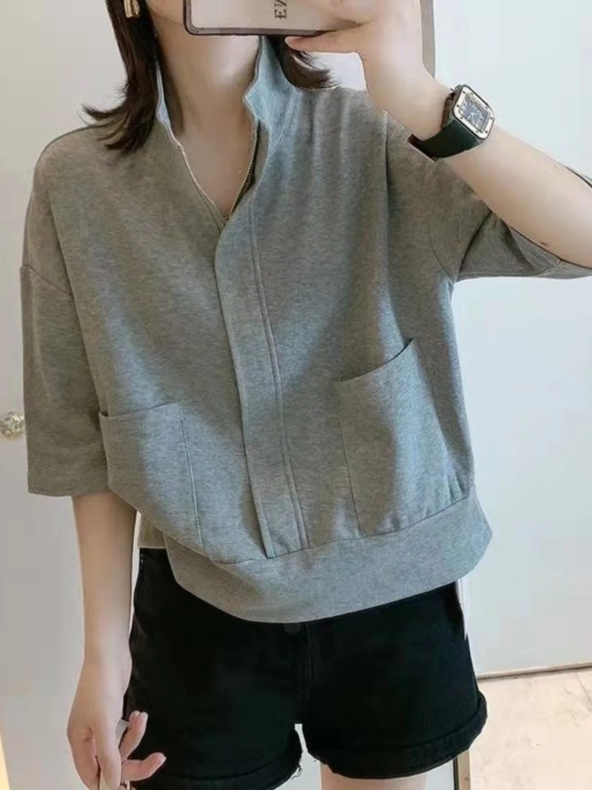 

Artistic Pure Cotton Zipper Sweatirt Women's Loose ort Coat Loose Summer New Top Korean Sle Printed Collar