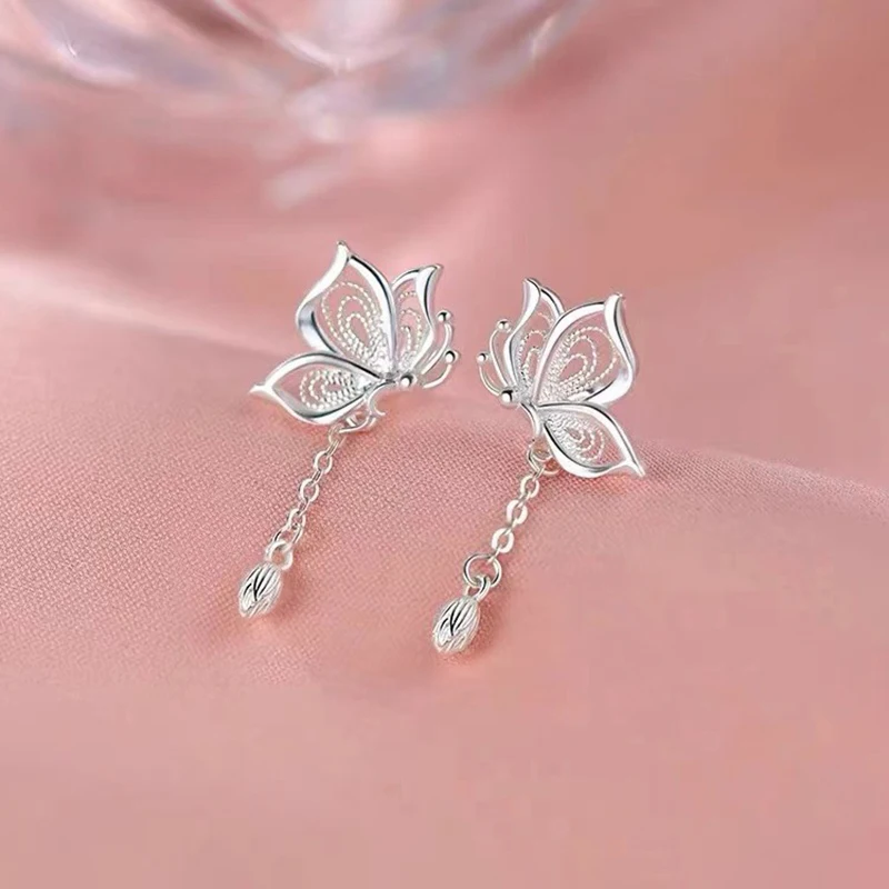 Real 925 Sterling Silver Hollow Butterfly Short Tassel Stud Earrings For Women Classic Fine Jewelry Light Luxury Accessories