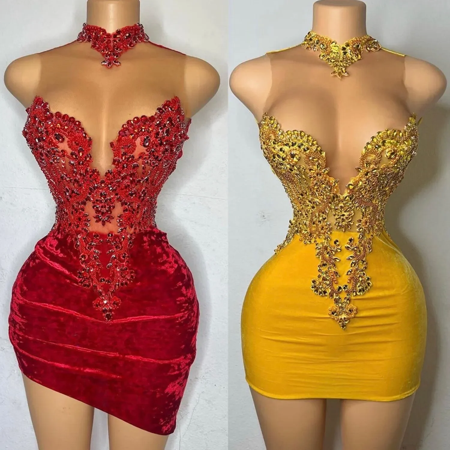 

uxury Gold Short Prom Dresses Lace Appliques Sequined Illusion High Neck Dresses Mermaid Backless Homecoming Party Gowns