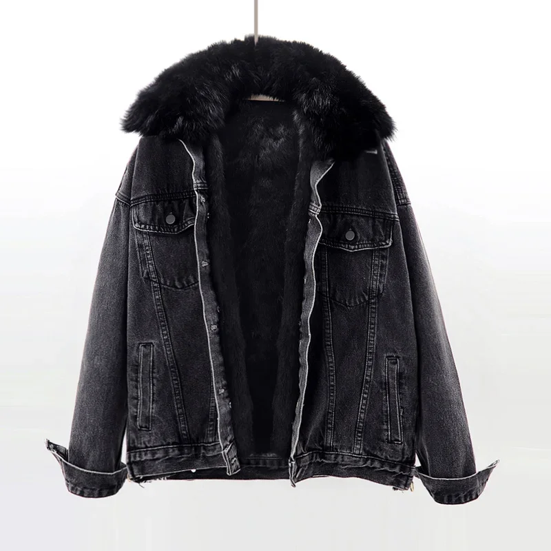 Winter Thick Warm Removable Fox Fur Collar Rabbit Fur Liner Denim Jacket Women Cowboy Outerwear Loose Short Jeans Jackets Female