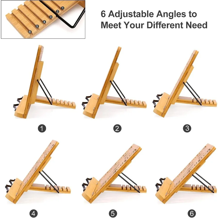 竹製ブックスタンド 11 x 8.0インチ 折りたたみ式クックブックホルダー 6段階高さ調整可能 レシピ、楽譜、テキスト用読書スタンド