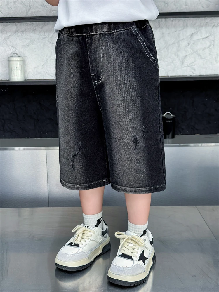 Fashion Kids Boys Summer Jeans Black Tie-dye Short Denim pants School Child Clothes Casual Streetwear Small Boys Half Long jeans