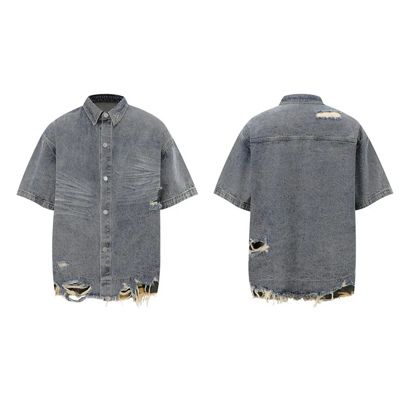 Men's Distressed Ripped Denim Short Sleeve Shirt Shorts Set 2 Piece Summer Streetwear Vintage Camo Patchwork Washed Jean Outfits view 5