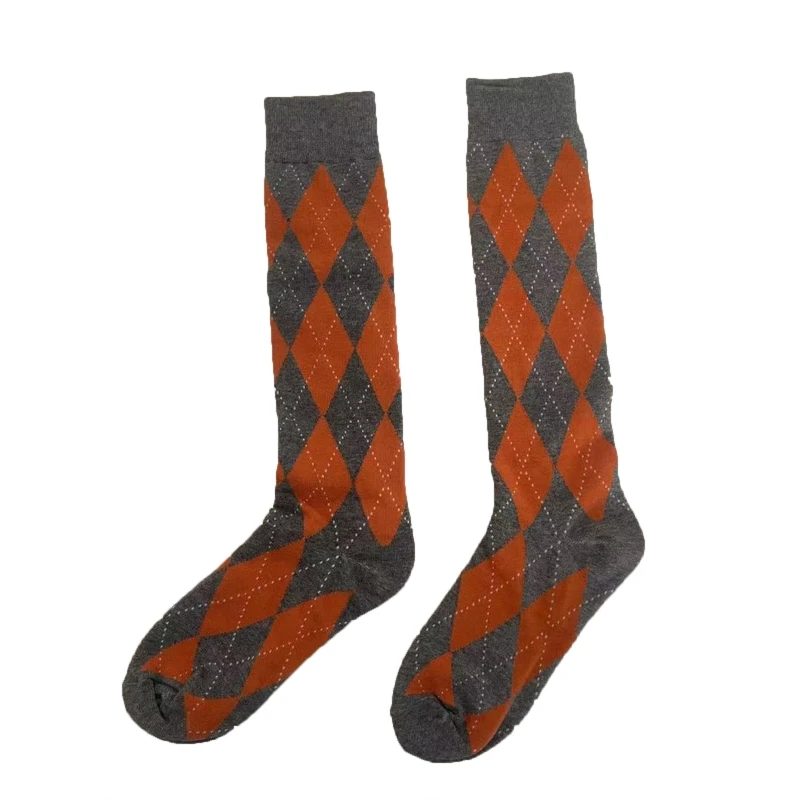 Preppy Style Women Knee High Socks College Vintage Multicolor Argyle Diamond Plaid Print Uniform Cotton Calf Stockings