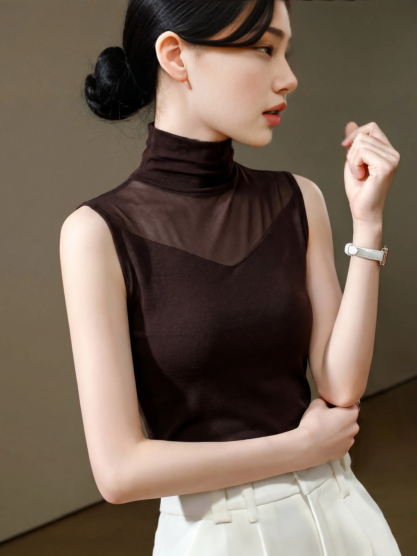 2026 Spring Autumn High Collar Sleeveless Women's Vest Mesh Thin Lightweight Elegant Inner And Outer Wear Slim Fit Top