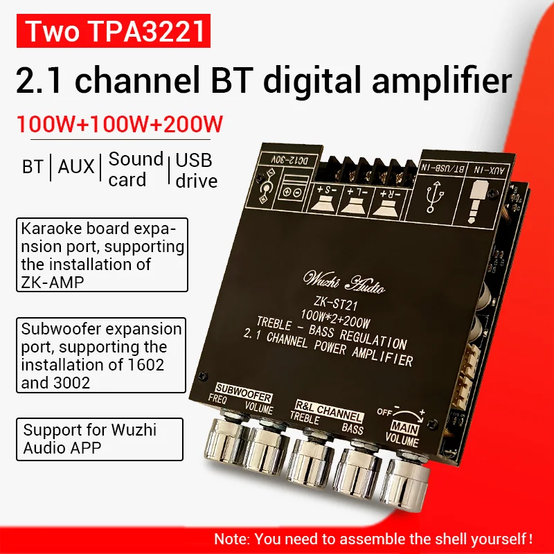 Papan Amplifier Digital BT, ZK-ST21 2.1 saluran 100W + 100W + 200W Chip Subwoofer TPA3221