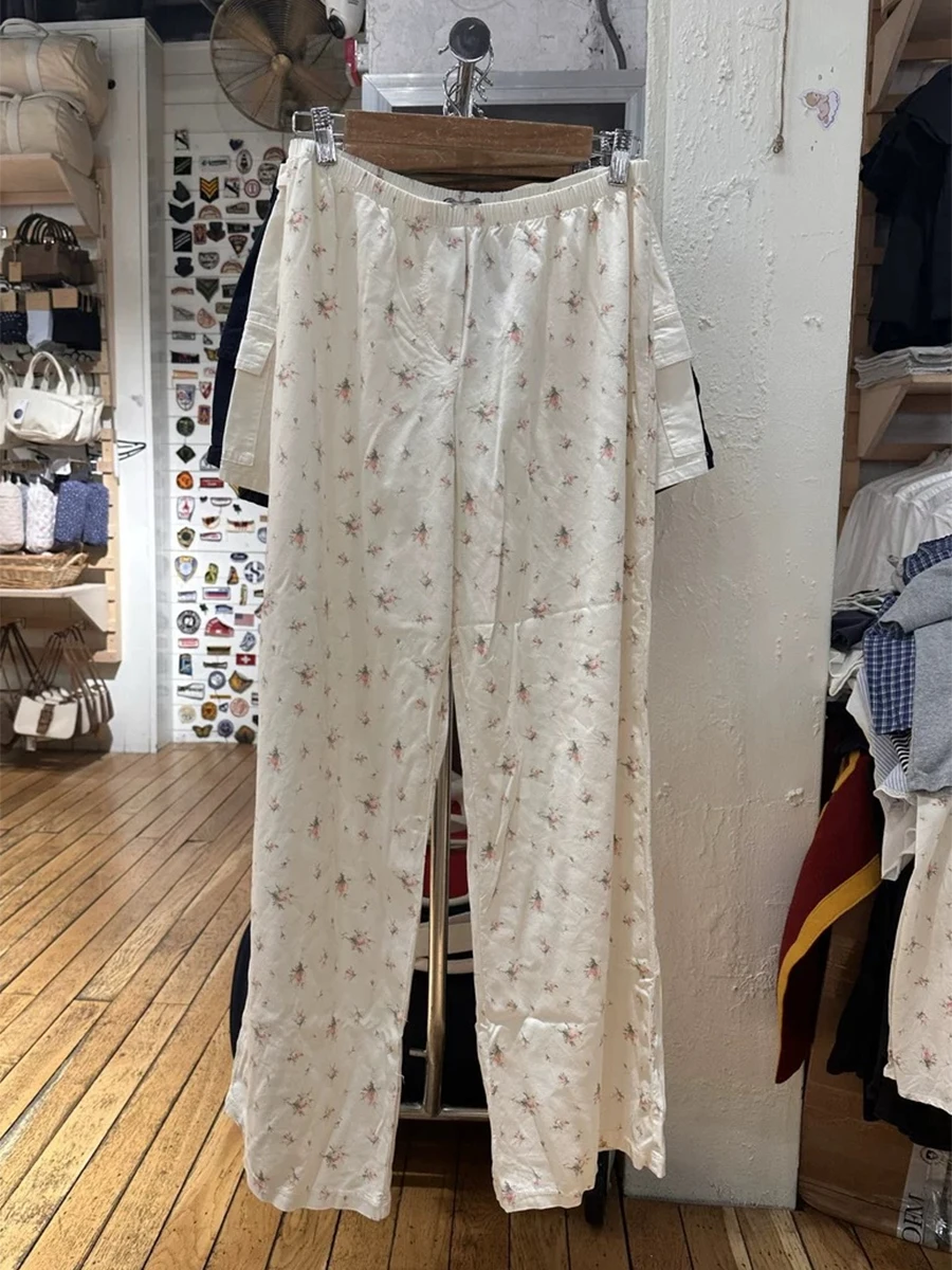

Pink Floral Print Long Pant Women Summer Elastic High Waist Cotton Loose Straight Trousers Vintage Sweet Home Casual Pants New