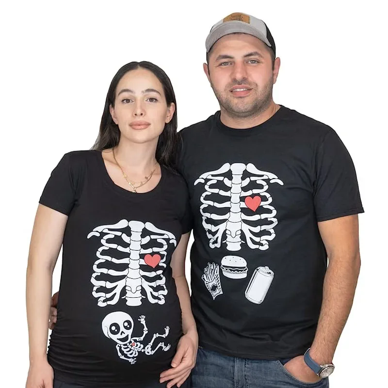 Maternity Halloween Skeleton T-Shirts Couple X-ray Baby Pregnancy Tee Men\'s Burger Food Funny Pregnancy Announcement Y2k Clothes