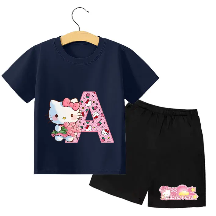 

Kawaii Summer Casual Two Piece Suit Child Sanrio Hello Kitty Kids T-shirt Set Cartoon Letter Print Clothing Girls Birthday Gifts