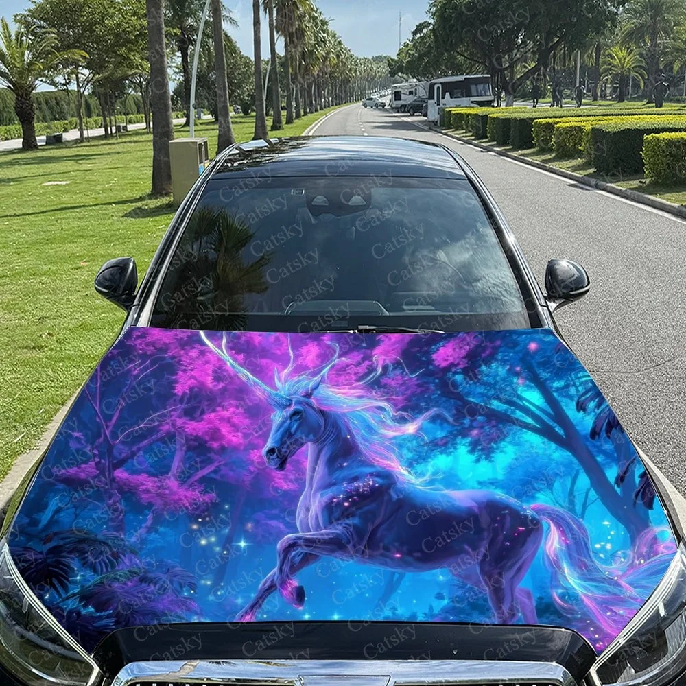 Dreamy Unicorn Car Hood Sticker PVC Self Waterproof Stick, Striking Auto Exterior Accessories Decor Protect Gift for Car Lover