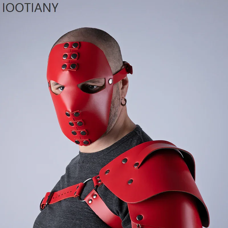 Party Coplay Hood Mask Stage Performance Carnival Halloween Festival Headpiece Black Leather Full Face Red Accessory Prop 4