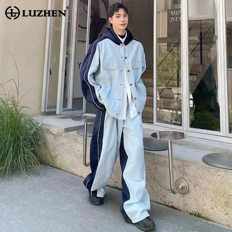 LUZHEN Two Piece Denim Patchwork Hoodies Jackets Color Contrast Design Trendy 2024 Autumn Casual Pants Sets Original Male LZ7554