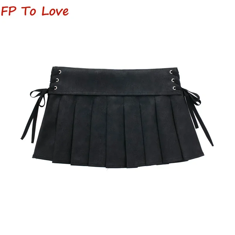 Y2K Black Hottie Sexy Super Mini Skirts PU Lace-up Autumn Winter Vintage Pleated Faux Leather Coffee Brown Culottes Outfit