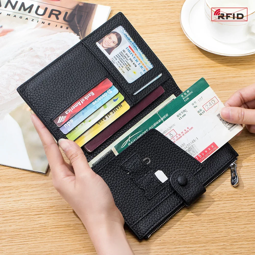 Leather RFID Ultra-thin Multi-functional Passport Document Bag Women's New Ticket Holder Passport Document Wallets Storage Bag