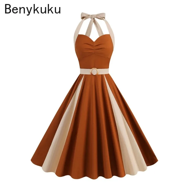 

Maillard Retro Brown Beige Patchwork Vintage Cotton Halter Dresses for Women Summer Sweetheart Neck Sexy Backless Party Dress