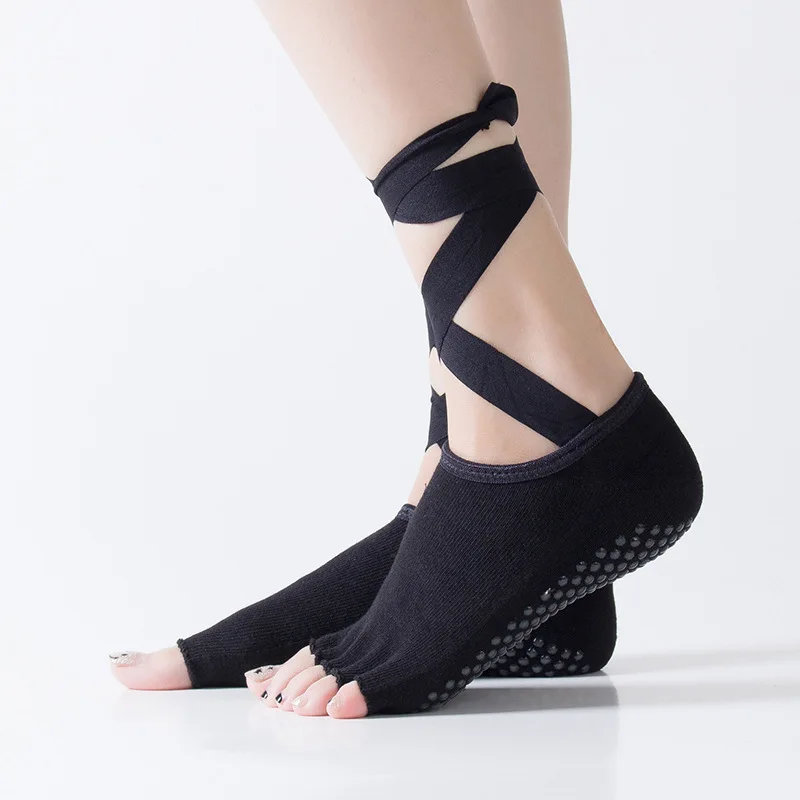 1Pair Women' & Professional Anti-Slip Yoga Socks with Backless Lace-Up Ankle Strap - Silicone Sole for Dance, Pilates, Gym