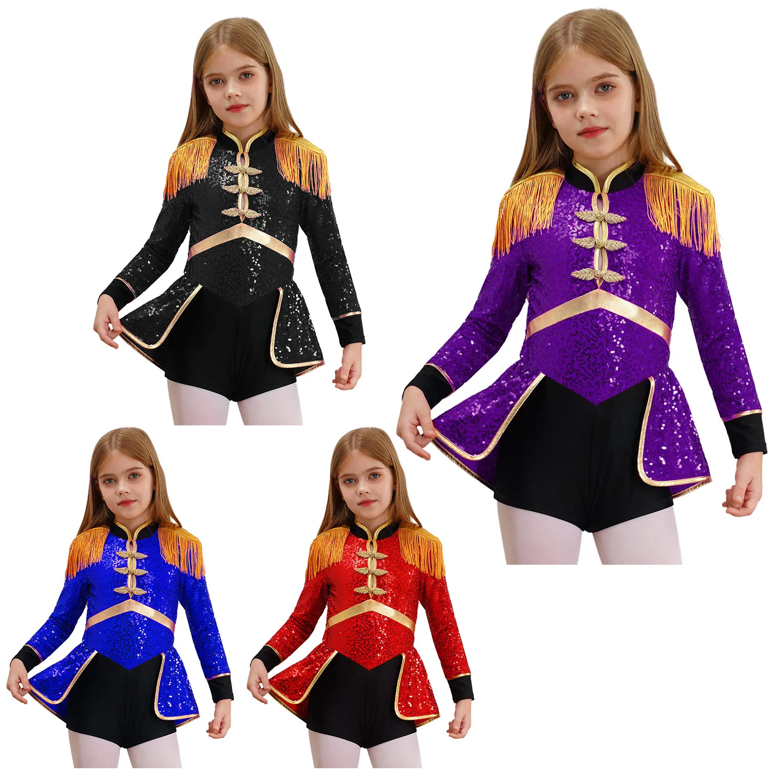 Halloween Girls Magician Ringmaster Cosplay Uniforms Long Sleeve Shiny Sequins Bodyshorts for Carnival Stage Performance Costume