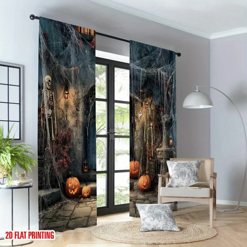 Halloween Skeleton Curtain, Spooky Pumpkin Window Drape, Horror Haunted House Blackout Panel, Gothic Party Room Decor