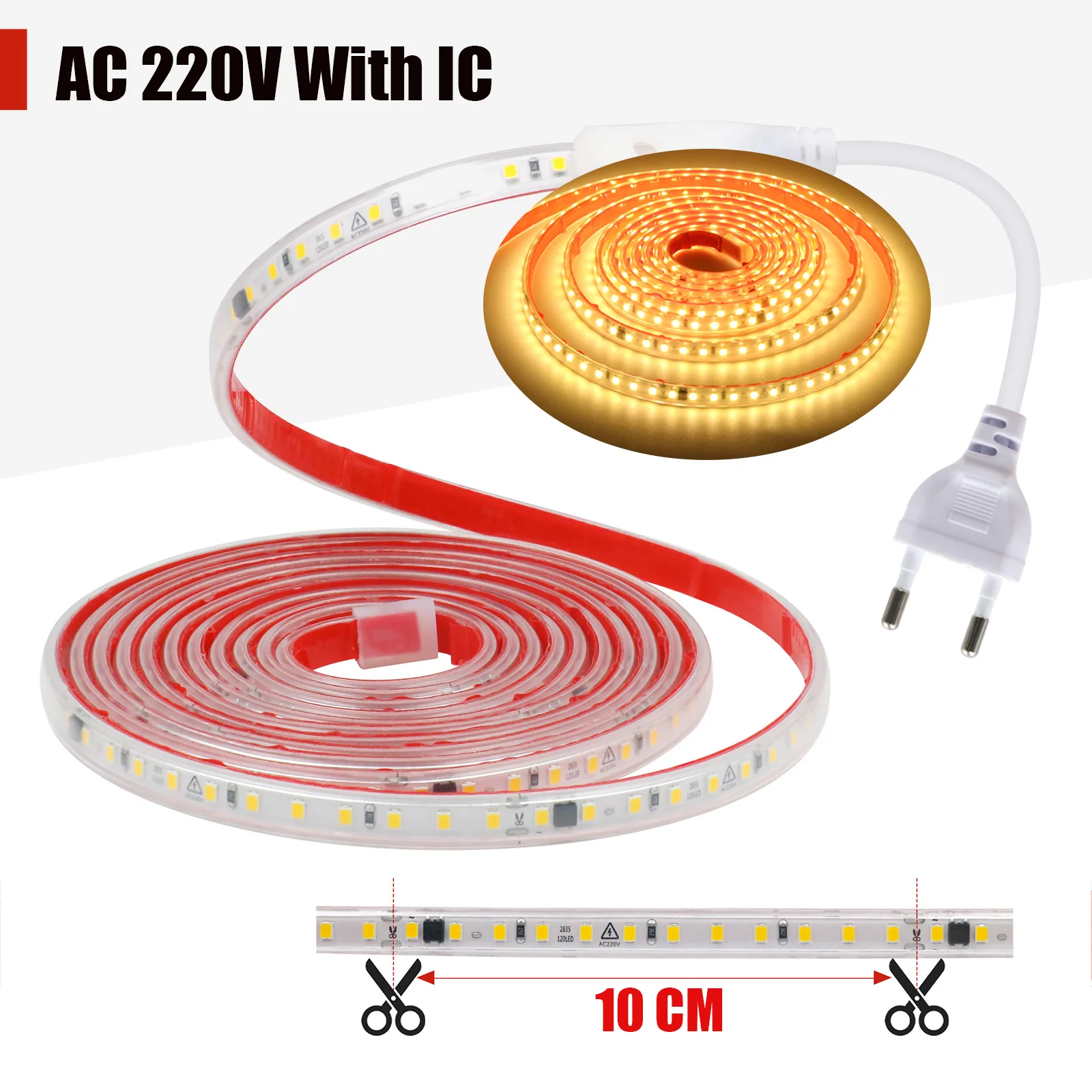 Auto-adesivo LED Light Strip, Stripe Fita flexível, fita impermeável IP65, Cadeia de Luz, 220V AC, 240V, 3000K, 4000K, 6000K, 120LEDs por m