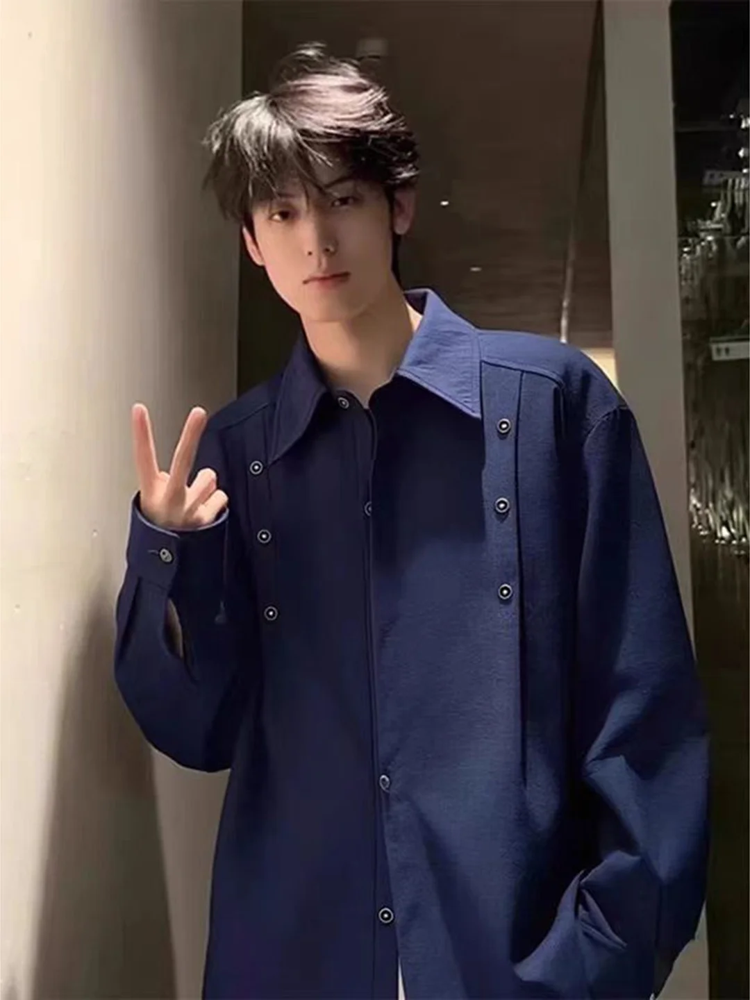 

Blue Long Sve Men's irt Spring Button Decorative Design Collar Outerwear Cleanfit irt American Sle Breathable Warm