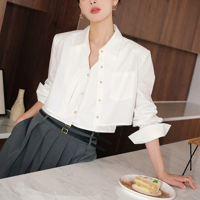 White shirt female design sense minority short Korean commuting shirt casual long-sleeved fake two-piece top