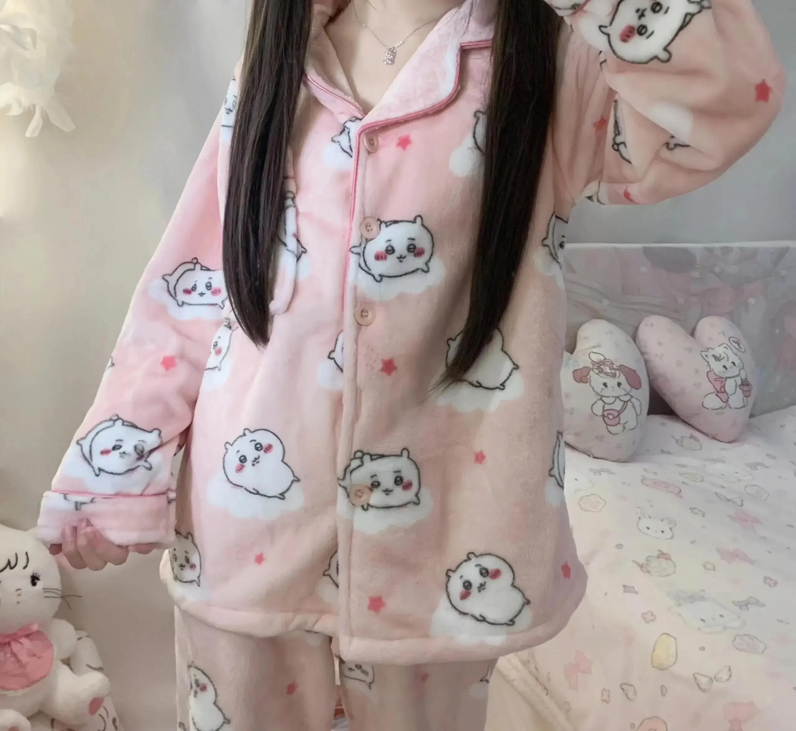 Cartoon Chiikawa Pajamas Girls Winter Coral Velvet Plus Velvet Thickened and Warm Usagi Hachiware Cute Pajamas Home Clothes Set