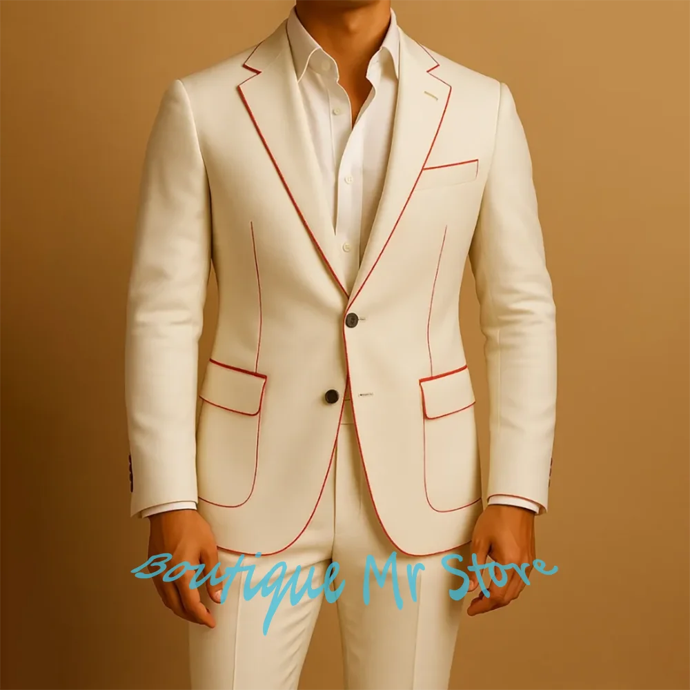 

Мужские кремово-белые костюмы джентльмена с красными деталями, однобортный комплект из 2 предметов с лацканами и вырезом, стильный формальный свадебный наряд