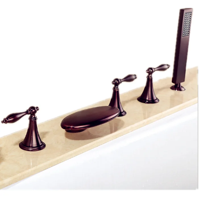 

factory sale Oil Rubbed Bronze Solid Brass 5 Hole Waterfall Deck Mount Bathroom Roman Tub Faucet