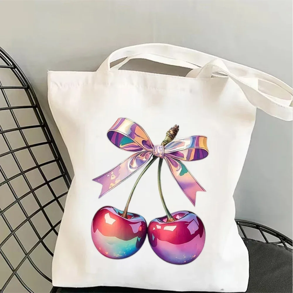 1pc Vintage Pink Bow Cherry Art Canvas Tote Bag, Shoulder Bag with Glossy Finish, Perfect for Coquette Vibes & Everyday Errands