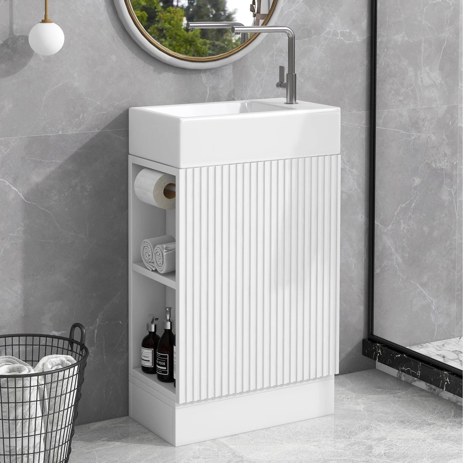

18.6" Bathroom Vanity Sink Cabinet, Two-tier Shelf, White Orientation - Left or Right