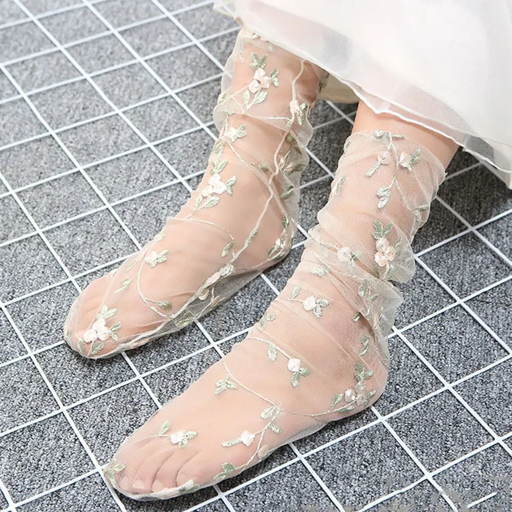 

Streetwear Summer Thin Embroidery Floral Transparent Mesh Socks Flowers Socks Long Socks