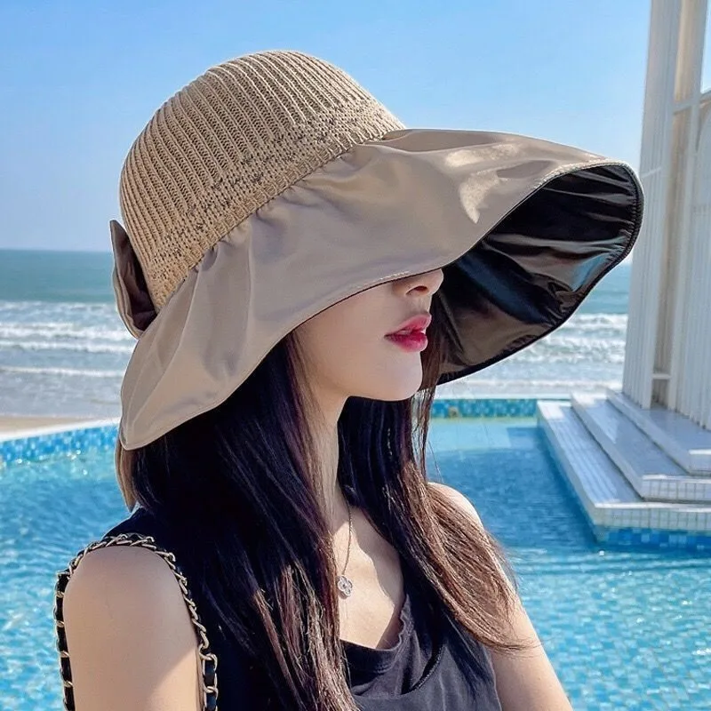 Black rubber UV hat for women versatile mesh wide-brimmed folding