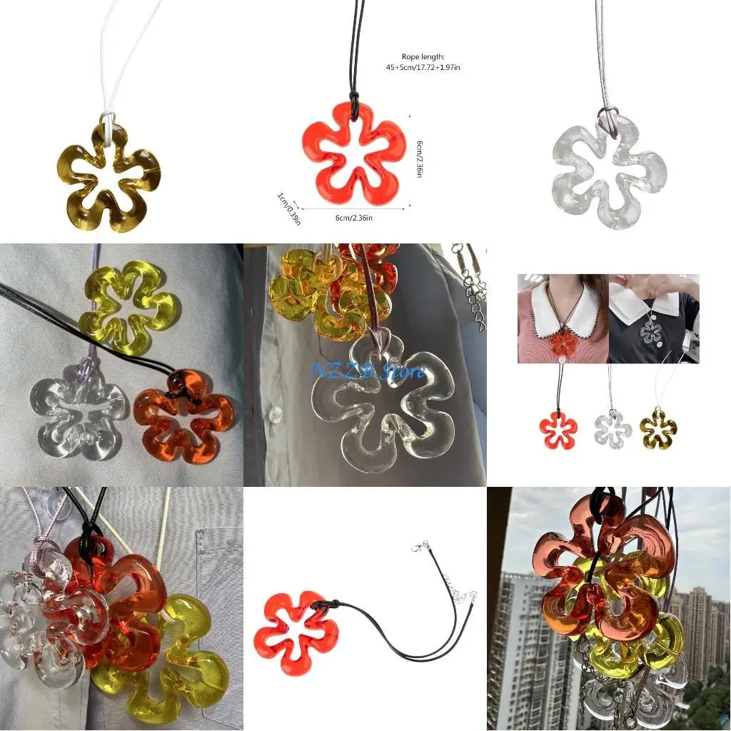 

T21F Stylish Hollow Flower Necklace with PU Cord Simple Hollow Flower Pendant Necklace for Women Girl Jewelry Gift